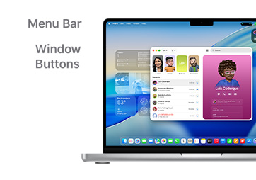A tour of macOS navigation on MacBook Pro 14" with lines indicating the location of the Menu Bar and Window Buttons.