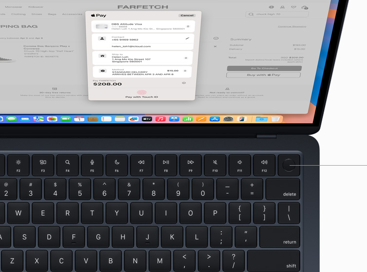 MacBook Air showing user authorising payment for online shopping purchase using Touch ID