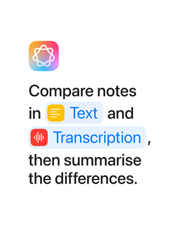 Compare notes in Text and Transcription then summarise, with the words “Text” and “Transcription” highlighted in blue as they appear as they would in the Shortcuts app