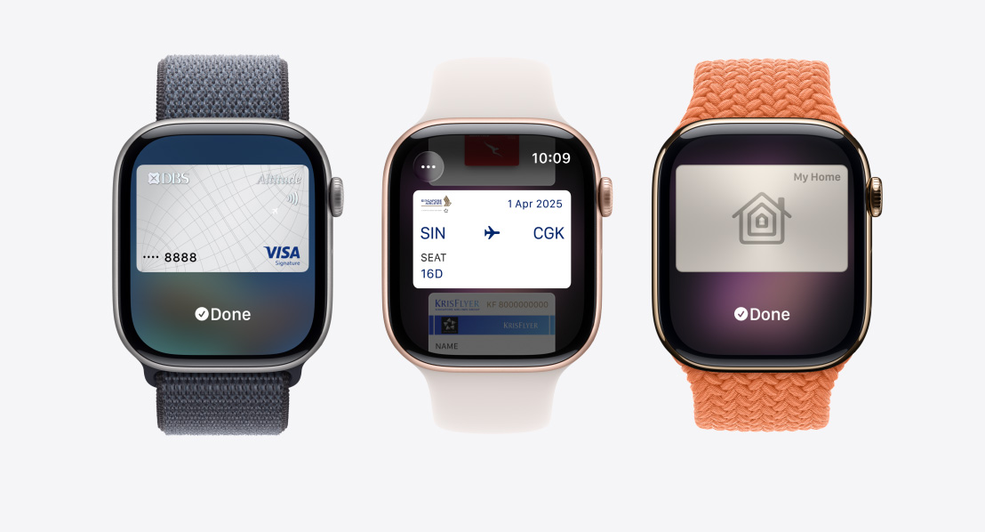 Apple Watch Series 11 devices, aluminum and titanium cases, silver, rose gold and gold colors, Apple Pay screen, Apple Wallet, Transit Card, home key card, Bands: Sport Loop, anchor blue color, Sport Band, light blush color, Braided Solo Loop, turmeric color