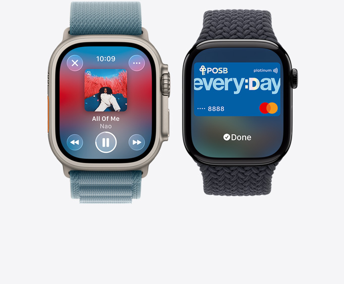 Apple Watch Ultra 3, titanium case, natural colour, Apple Music app, now playing screen, Apple Watch Series 11,  aluminium case, polished jet black colour, Apple Pay screen