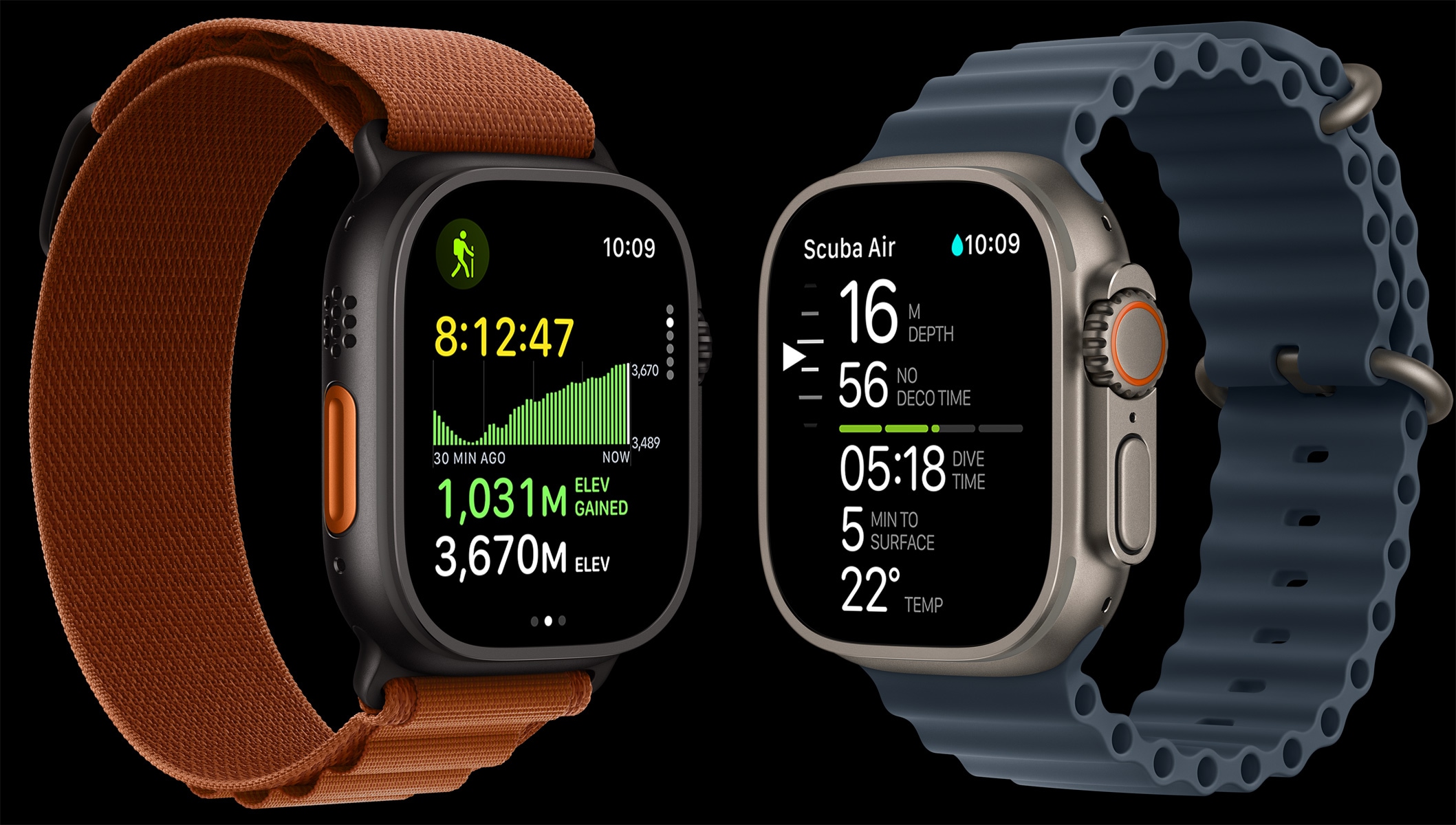 Apple Watch Ultra 3, titánové kryty, čierna a prírodná farba, mapa trasy, ukazovatele potápania, remienky, alpská slučka, terakotová farba, oceánsky remienok, oceľová modrá farba