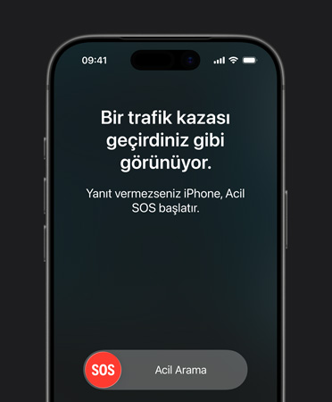 iPhone 17 Pro’nun önden görünümü, yuvarlatılmış köşeler, trafik kazası algılama özelliği kullanılıyor