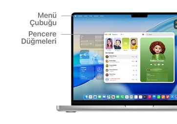 macOS’te gezinme turu, MacBook aygıtı ekranının üst kısmındaki Menü Çubuğu ve Dock gibi.