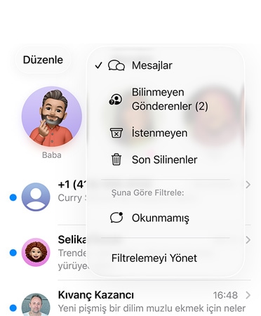 Bilinmeyen numaraları şimdi Bilinmeyen Gönderenler adlı bir bölümde filtreleyen yeni tarama araçları özelliğini gösteren Mesajlar uygulaması