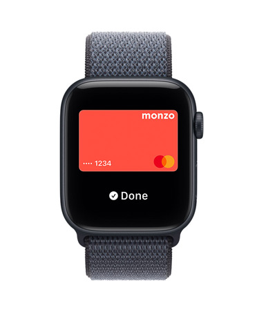Apple Watch SE 3, aluminium case, midnight colour, Apple Pay in Apple Wallet, right side exterior, Digital Crown, strap, Sport Loop, anchor blue colour
