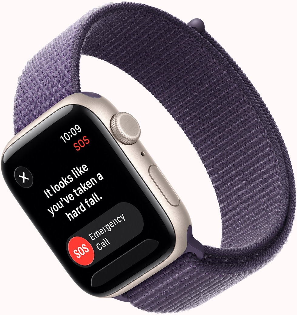 Apple Watch SE 3, aluminium case, starlight colour, SOS Fall Detection notification, emergency call and I’m OK buttons, right side exterior, Digital Crown, microphone, side button, strap, Sport Loop, purple fog colour