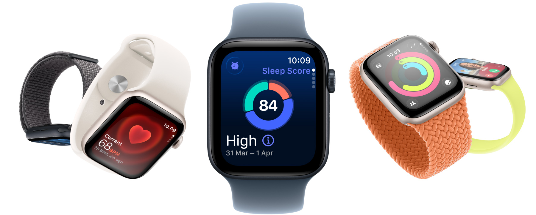 Apple Watch SE 3 devices, aluminium cases, starlight and midnight colours, screens: Vitals app, Heart Rate app, Sleep Score, Activity rings, incoming call