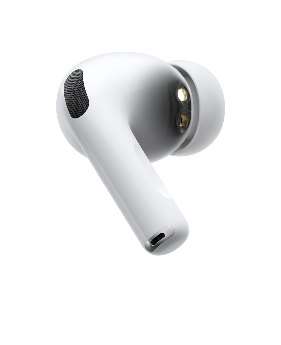 AirPods Pro 3, wireless headphone, white colour, side exterior, short tubular stem, noise-canceling microphone, silicone tip, pulsating wave