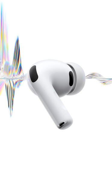 AirPods Pro 3, white colour, noise-cancelling microphone, silicone tip, short stem