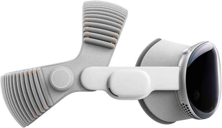Side view of Apple Vision Pro, aluminium alloy frame, assembled with Light Seal, Audio Straps and Dual Knit Band