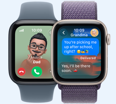 Zwei Apple Watches. Eine mit einem Bild von Papa, der anruft. Die andere mit einer Nachricht an Oma. Sie lautet: «Oma, wir haben das Spiel gewonnen.»