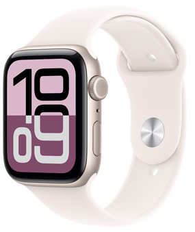Apple Watch SE 3, Aluminiumgehäuse, Farbe Polarstern, Wandel Zifferblatt, rechte Seitenansicht, Digital Crown, Mikrofon, Seitentaste, Sportarmband Polarstern, Pin-Verschluss Silber