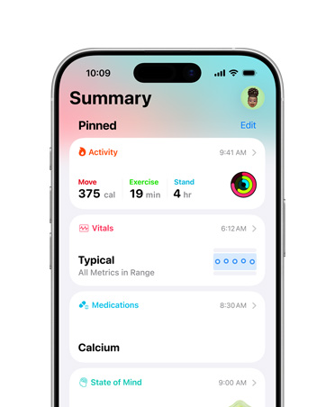 Kiinnitetty terveystietojen yhteenveto iPhonessa