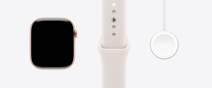 „Apple Watch Series 11“, aliuminio korpusas, rausvojo aukso spalvos, priekinės pusės išorinė dalis, ekranas nuo krašto iki krašto, švelnios rausvos spalvos sportinis dirželis, „Apple Watch“ magnetinio sparčiojo įkroviklio į USB-C laidas