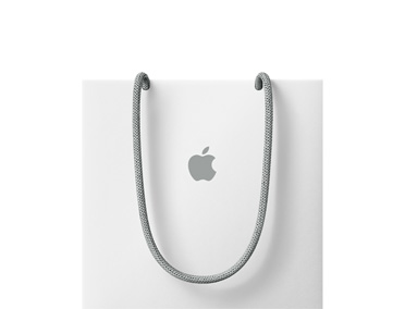 Weiße Apple Tasche, grauer Kordelgriff, graues Apple Logo mittig