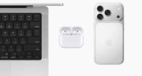 An open MacBook in Silver color, AirPods Pro 3, and an iPhone 17 Pro in Silver color