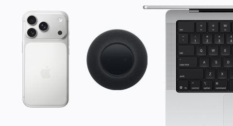 An iPhone 17 Pro in Silver color, a HomePod in Midnight color, and an open MacBook in Silver color