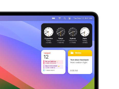 Mac masaüstünde Saat, Takvim, Notlar ve Hava Durumu dahil olmak üzere çeşitli araç takımları görülüyor.