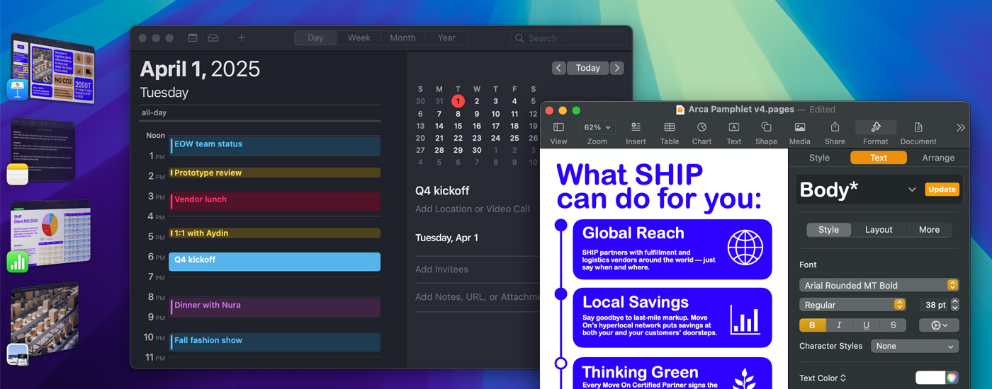 Flera appar som är öppna på en skärm, bland annat Kalender och Pages. Till vänster finns diverse andra iOS-appar.