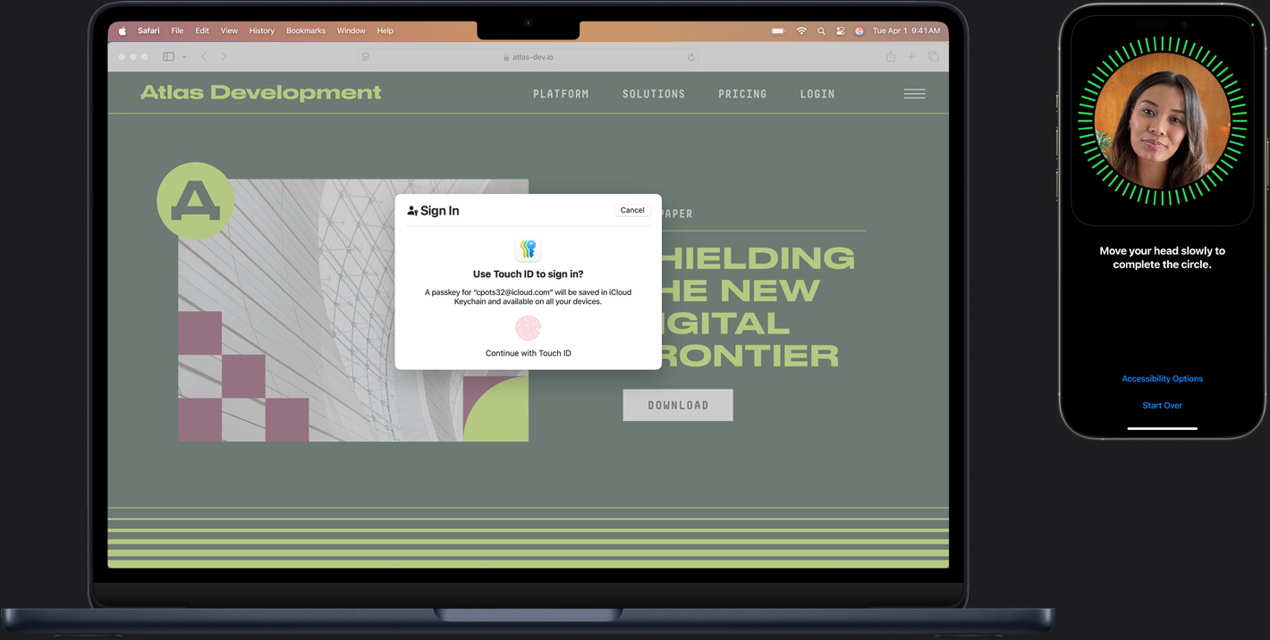 En Mac och iPhone med olika delar av Touch ID för att logga in på ett säkert sätt.