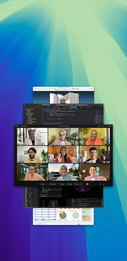 Olika appar som är öppna och överlappar varandra. Appen längst fram är ett Zoom-samtal med flera deltagare.
