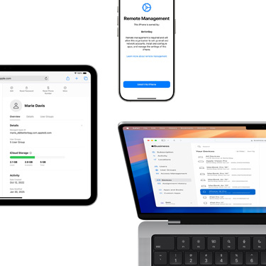 Apple Business Manager’ın farklı bileşenlerini gösteren iPad, iPhone ve MacBook.