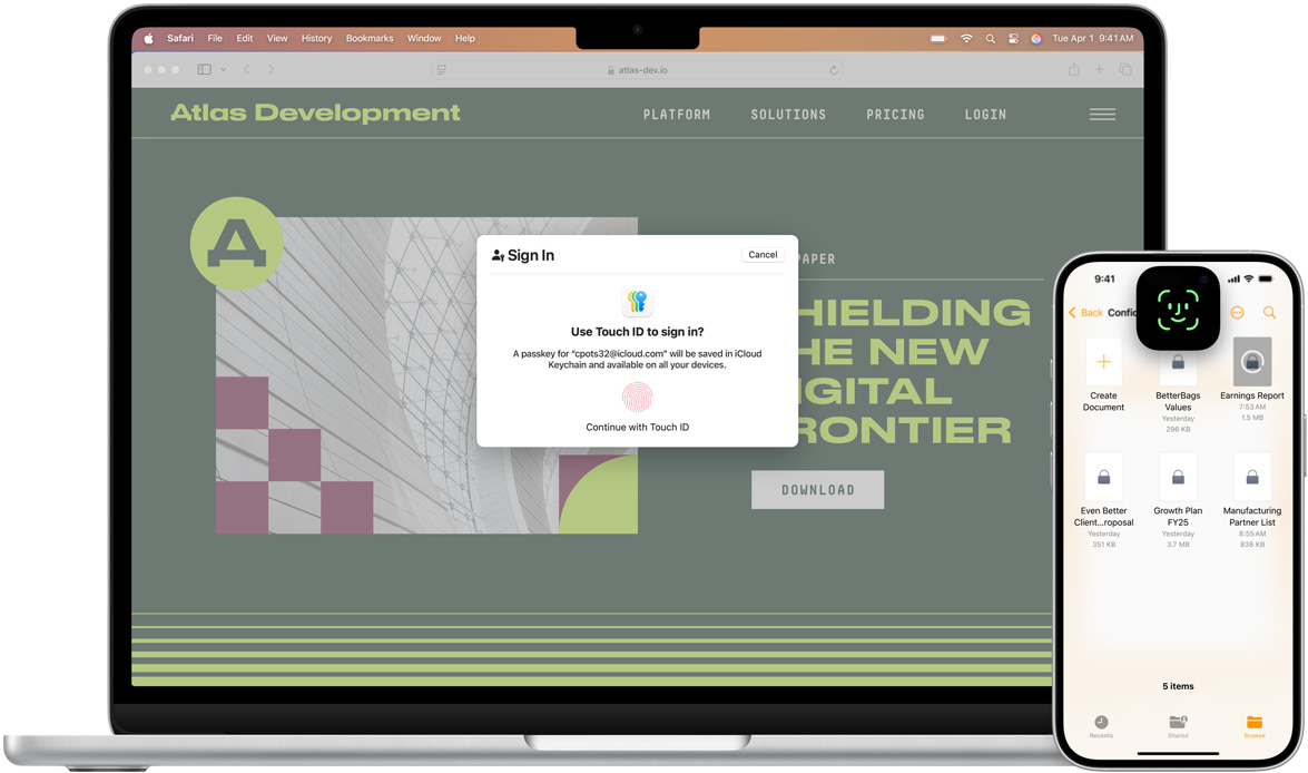 Touch ID penceresini gösteren bir MacBook’un önden görünümü. MacBook’un önünde ise Face ID ekranını gösteren bir iPhone bulunuyor.