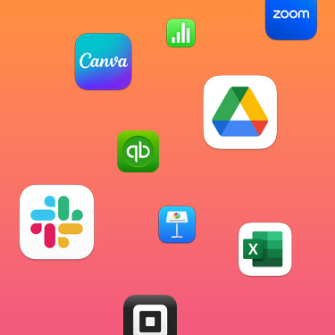 Icons of productivity apps including Slack, Canva, Google Workspace, Zoom, Quickbooks, Keynote, Excel, Square, and Numbers against a colorful background.