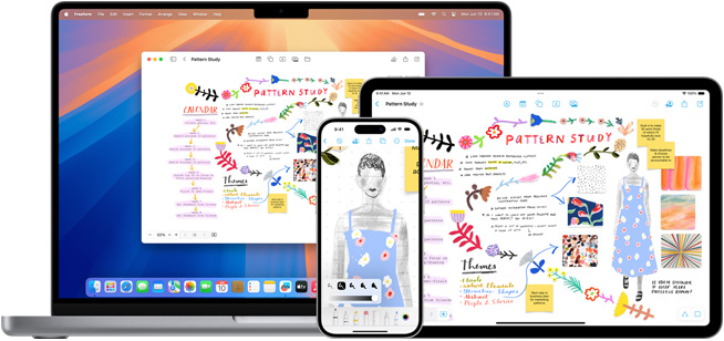 A MacBook, iPhone and iPad all display the same Freeform board titled Pattern Study.