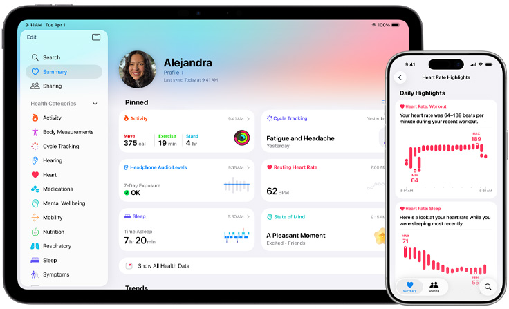App Salud en un iPad y un iPhone, resumen de salud y favoritos fijados en el iPad, datos importantes de frecuencia cardiaca condensados en el iPhone