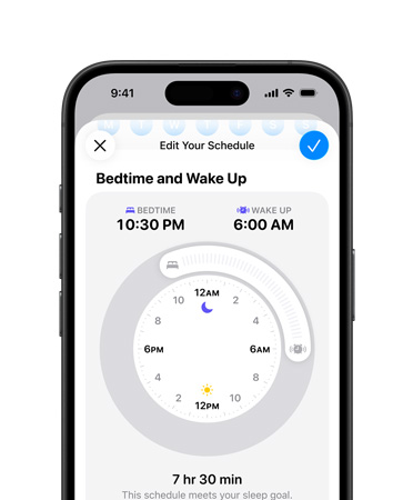 iPhone, horario de sueño abierto en la app Salud, hora de acostarse programada para las 22:30, hora de despertarse programada para las 7:00, esfera horaria radial en el centro de la pantalla, objetivo de sueño de 8 horas y 30 minutos cumplido