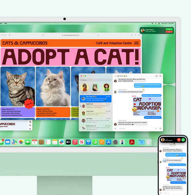 Un iMac vert et un iPhone côte à côte. L’écran d’iMac montre la notification d’un appel entrant sur iPhone. Les deux appareils affichent l’app Messages avec les mêmes conversations.