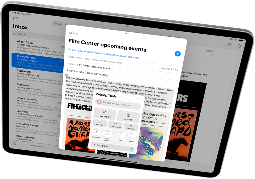 iPad Air în dispunere orizontală ilustrează Apple Intelligence cu Instrumente de scris și Mail
