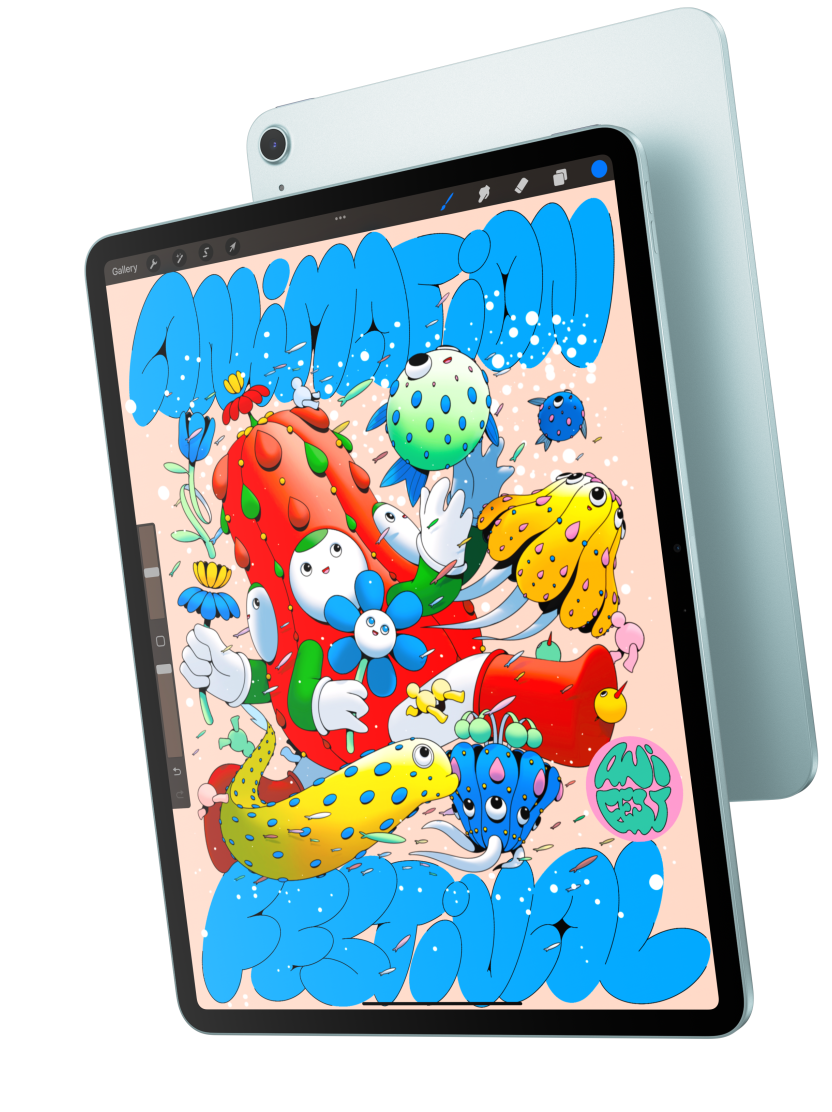 Partea exterioară frontală, iPad Air prezintă modelul de 13 inchi care afișează Procreate și se suprapune peste partea exterioară din spate a unui iPad Air Albastru