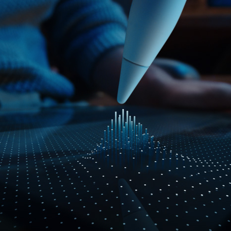 Apple Pencil Pro, бял цвят, връх на устройството, задържащ се върху дисплея на iPad, показваща мрежа от точки, като някои от тях се издигат в колони към върха на Apple Pencil Pro