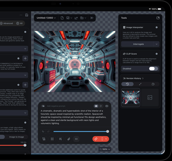 iPad Pro, предна страна, дисплей, показващ клип на футуристичен космически кораб, който се монтира с различни инструменти и отворени AI функции, включително Image Interpreter и CLIP Score