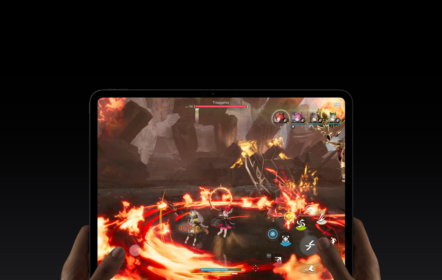 iPad Pro, преден екстериор, лявата и дясната ръка, държани в хоризонтална ориентация, заоблени ъгли, черна рамка на дисплея, дисплей с видеоиграта Arknights: Endfield