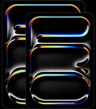 13-инчов iPad Pro, 11-инчов iPad Pro, вертикална ориентация, предна външна част, цвят астро черно, заоблени ръбове, черна рамка на дисплея, дисплеи с многоцветен, извит абстрактен надпис „PRO“, вертикално ориентиран