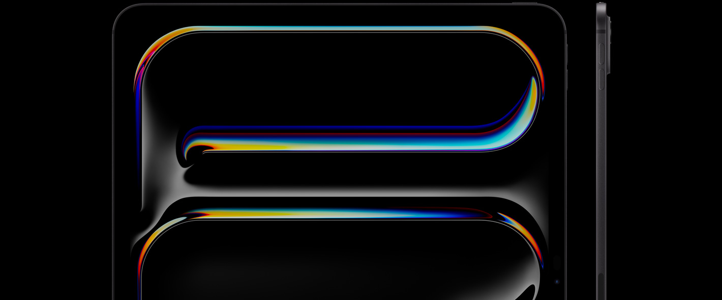 iPad Pro, предна страна, вертикална ориентация, цвят астро черно, заоблени ъгли, черна рамка на дисплея, дисплей с многоцветни изображения, извита линейна графика, вдясно, iPad Pro, странична външна част, вертикална ориентация, тънък корпус, бутон за увеличаване на звука, бутон за намаляване на звука, повдигната про система камери