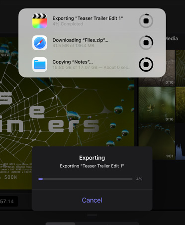 Известие за фонови задачи, показващо напредъка на експортирането на видео, изтеглянето на файлове и бекъп на бележки