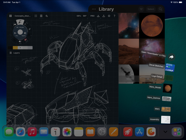 3 устройства iPad Pro, предна страна, хоризонтална ориентация, астро черно, Apple Pencil Pro върху iPad Pro, 3 дисплея, показващи приложения за редактиране на снимки с отворени проекти на модел на червен фон, скици на механични конструкции с инструменти за регулиране на цветовете, фотоалбум, папки за изтегляне, разпръснати файлове, софтуер за 3D моделиране с геометрични фигури и ръкописни анотации и формули