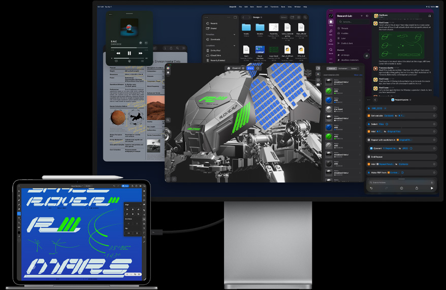 iPad Pro, свързан с Magic Keyboard, отпред отвън, всички свързани към външен Mac Studio Display, дисплей на iPad Pro с приложение за графичен дизайн, ярки цветове и текст, Studio Display, показващ различни приложения и 3D модел