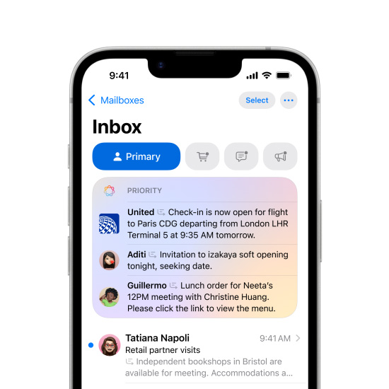 Gedeeltelijk aanzicht van iPhone 16e met Prioriteitsberichten in Mail.