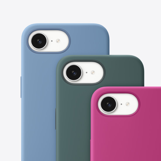 Achteraanzicht van siliconenhoesjes voor iPhone 16e in de kleuren winterblauw, blauwgroen en fuchsia.