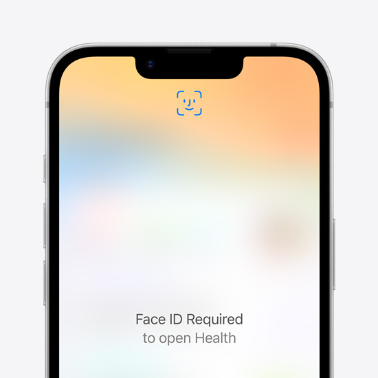 Gedeeltelijk scherm van iPhone 16e met Face ID-inlogscherm voor de Gezondheid-app