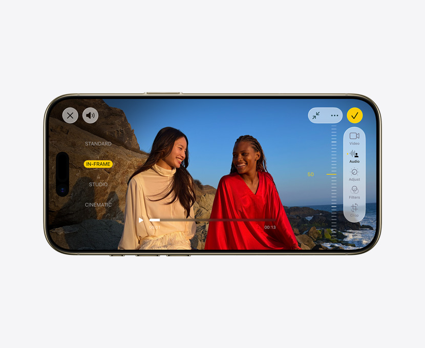 iPhone Air, priekšpuses skats, Pro video ar Audio Mix funkciju darbībā