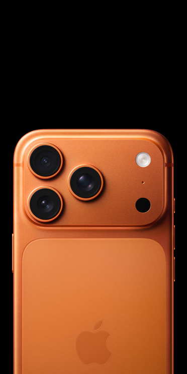 iPhone 17 Pro in cosmic orange finish, back exterior showcasing Pro camera system, LiDAR flash, and microphone.