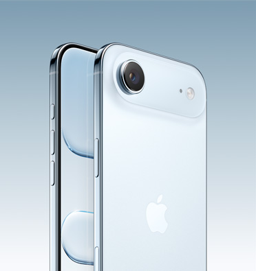iPhone Air in Sky Blue finish, partial-screen display and side angle shows - Action button, volume button and side button. Back exterior shows advanced dual-camera system in top left corner.