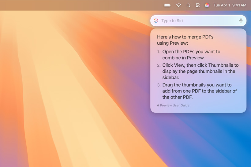 Прозорец с информация от Siri как се обединяват PDF файлове. 